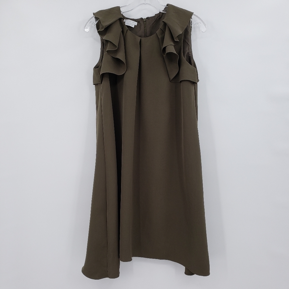 London Times Sleeveless Ruffle Shoulder Olive / Pickle Green Trapeze Dress
